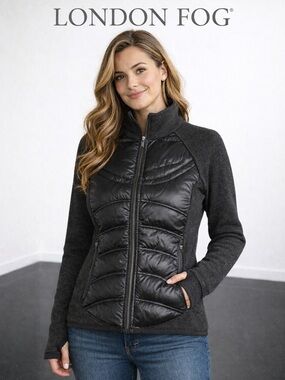 London Fog Quilted Hybrid Jacket Womens Medium Black Zip  Fleece Puffer Coat
